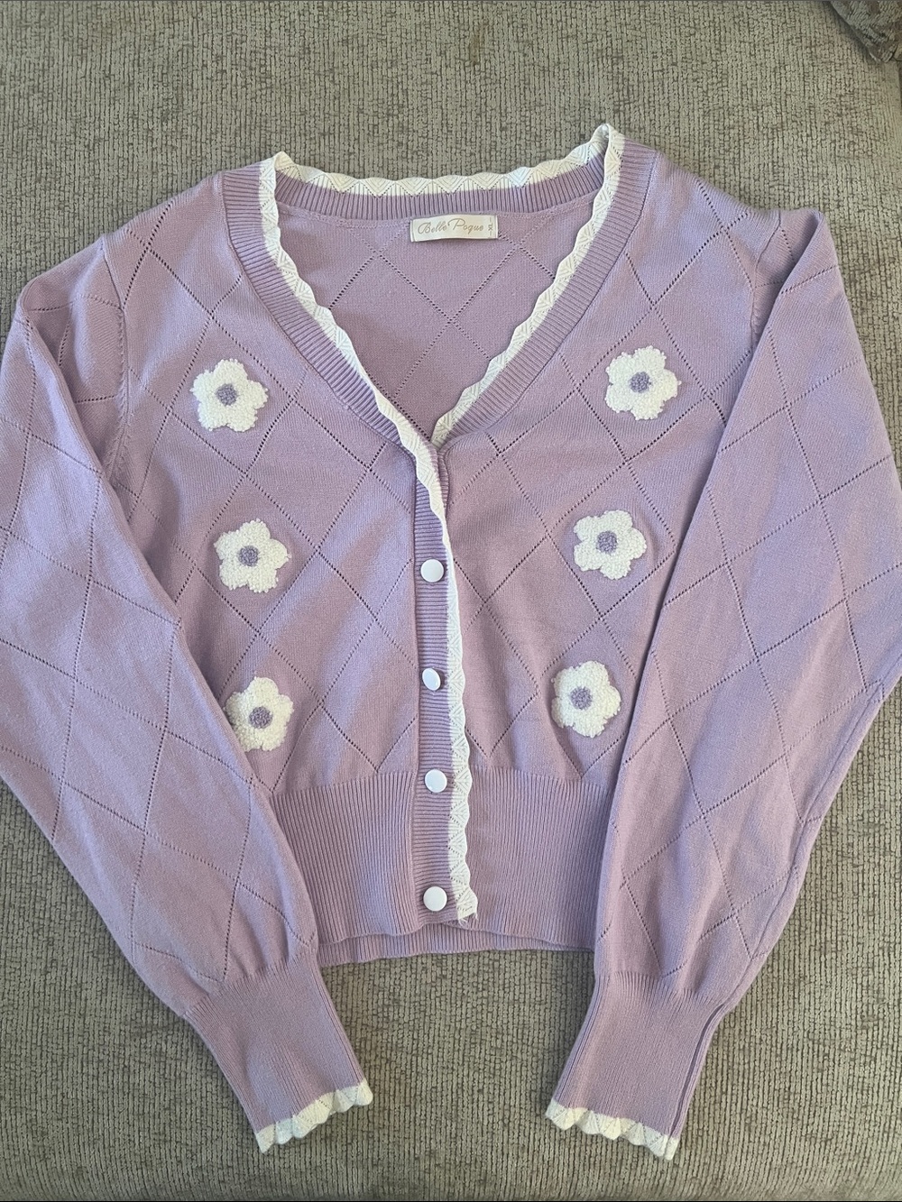 Belle Poque Lavender Floral Knit Cardigan with White Trim